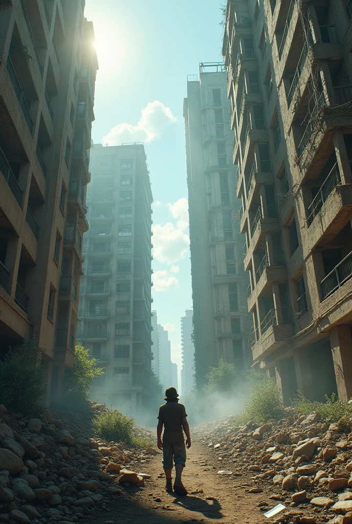 post apocalypse, Cool summer, A little explorer alone there, Destroyed high-rise buildings 