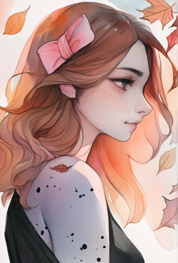 (8k, best quality, masterpiece:1.2),(best quality:1.0), (ultra highres:1.0), watercolor, a beautiful woman, shoulder, hair ribbons, by agnes cecile, half body portrait, extremely luminous bright design, pastel colors, (ink:1.3), autumn lights,