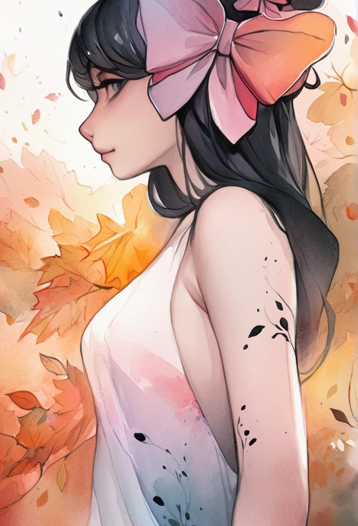(8k, best quality, masterpiece:1.2),(best quality:1.0), (ultra highres:1.0), watercolor, a beautiful woman, shoulder, hair ribbons, by agnes cecile, half body portrait, extremely luminous bright design, pastel colors, (ink:1.3), autumn lights,
