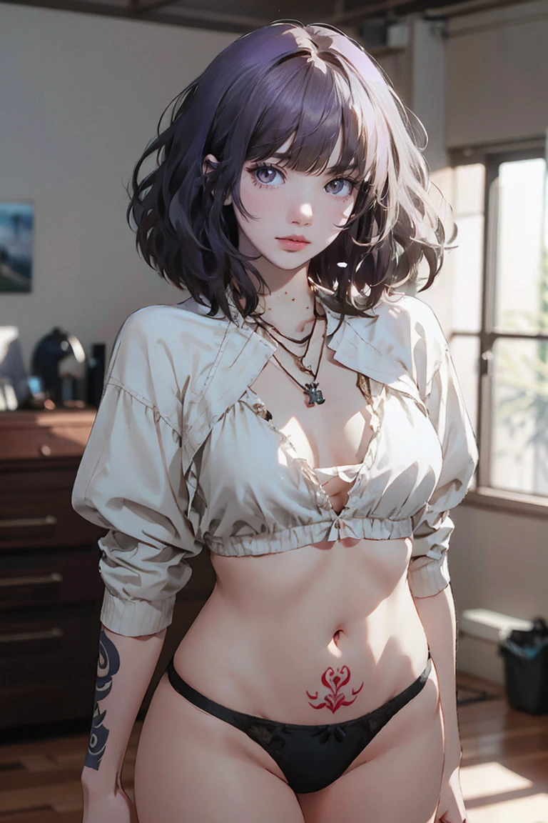 ((woman with tattoo on chest)), girl, Short white hair with bangs, Black strands of hair, Purple eyes, White T-shirt and panties, Pendant around the neck. Natural and beautiful standing posture, Crisp and realistic body detail. 超High resolution.Photorealistic:1.4,超High resolution. Realistic，High resolutionで, masterpiece, Highest quality, Very detailed, Better Shadows, Volumetric lighting), super high quality, High resolution, 8k, Ultra-Realistic Portraits , Photorealistic, Dynamic Lighting, Volumetric lighting, Very detailed顔,(NSFW:0.9),Large Breasts,