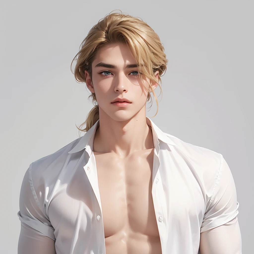 Soothing tones,Soft colors，A 23-year-old European and American model，（Shut up：1.5），（Hair sticking to scalp：1.5），Golden brown slightly curly shoulder-length hair，Ponytail hairstyle，Middle parting hairstyle，Edward Furlan，blond，With a melancholy expression，Blonde curly hair，male，White background，High Detail，male焦点，Abdominal muscles，Chest muscles，White shirt，Looking at the audience，