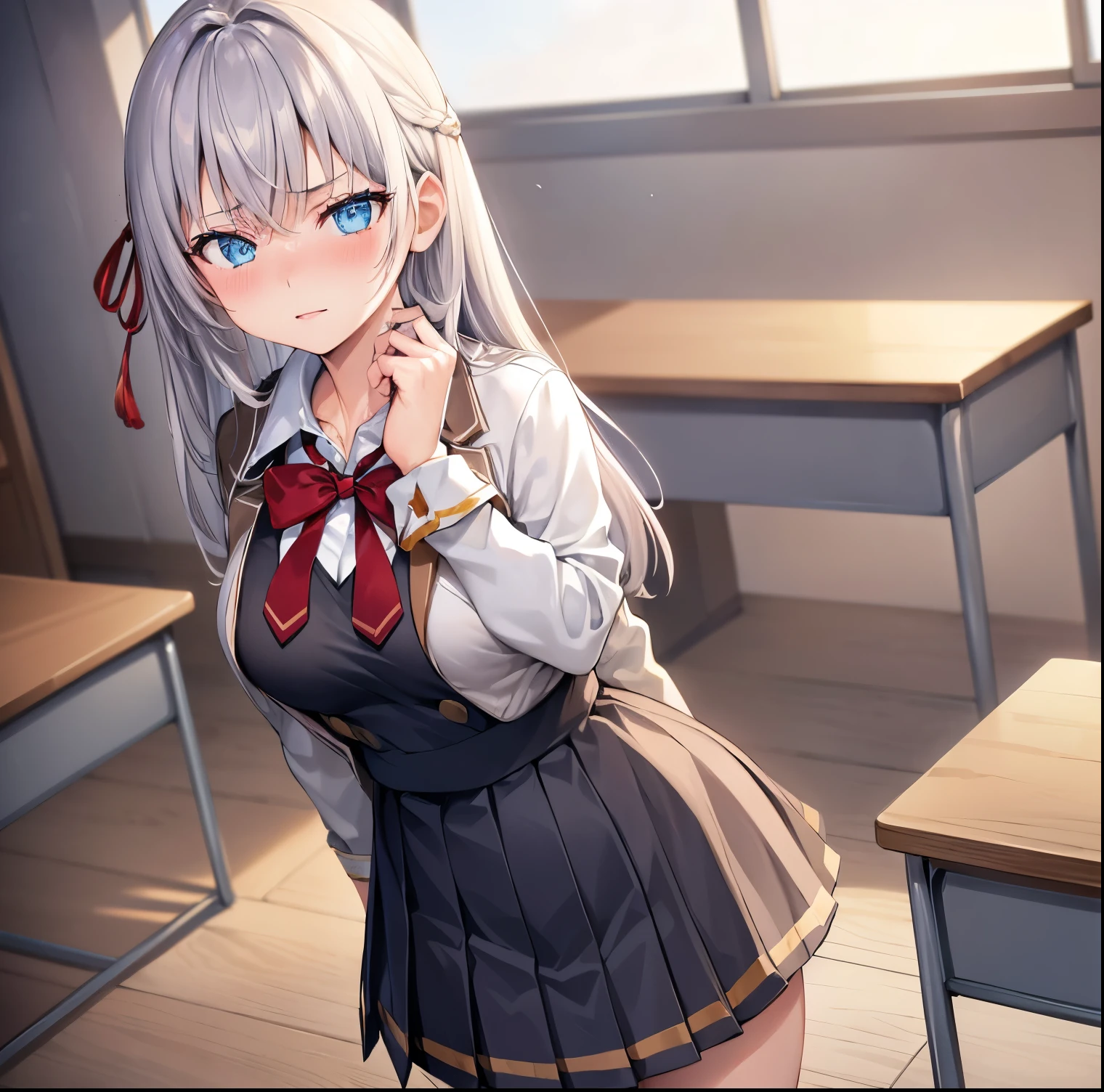 ((1girl)),((alone)),Alisa Mikhailovna,(masterpiece), (best quality), (ultra detailed), (best illustration), (best shadow), (absurdities), sharp focus, cowboy shot ,atmospheric perspective, depth of field, dynamic posture looking at the viewer, large breasts, narrow waist, wide hips, wide thighs, round butt, erotic, romantic, (very detailed eyes, lips 1.1), very detailed eyes, eyes, very face detailed, very beautiful face, full height, beautiful slim figure, femininity, expressive appearance, elastic big breasts, sexuality, hair, white hair, gray hair, long hair, bangs, hair between the eyes, blue eyes, hair band, red ribbon, open jacket, gray jacket, bow tie, school uniform, long sleeves, red bow, blazer, collared shirt, zettai ryouiki, pleated dress, dress, white thighs, loafers, curves, defined body, perfect and beautiful body, perfect and beautiful, mouth closed, serious expression, blushing, (sexy pose: 1.2), ((solo)), standing: 1.3,(( Japanese school: 1.5, classroom: 1.5, desks: 1.5, desk: 1.5, window: 1.3, sunset: 1.4, clear sky: 1.4)), looking forward, ((focus on breasts)), point of view :(from the middle), perfect anatomy, perfect hands