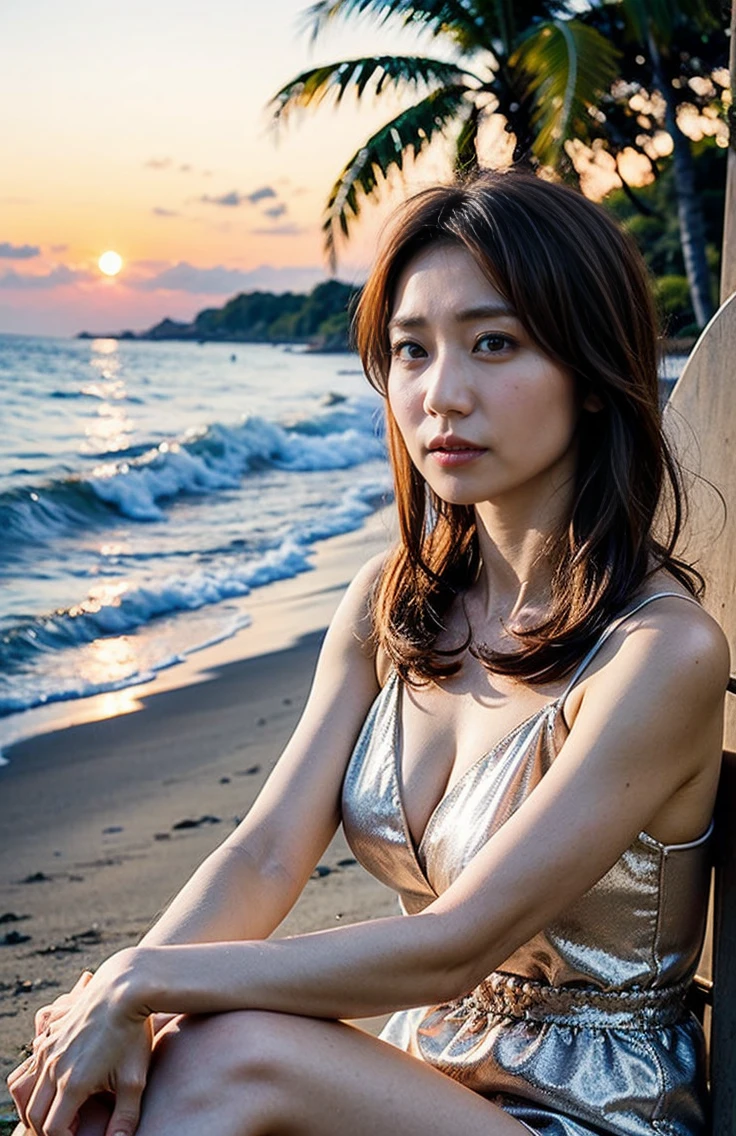 、Noble dress、Palm Tree、Lens flare、Hawaiian Landscape、Photos that make you feel midsummer、bright々and pouring sunlight、(Barely、:1.4)、ビーチでBarely、Excited girl、The sky turns red、、Light brown hair、Elegant hairstyle、Blue Eyed Woman、A woman with a cute upward gaze、When the sky gets dark、The sky turns red as the sun sets、Luxury Bagedium Shorthair:1.4))、The sun shines on her、Light brown hair、Light brown hair、The sky was dyed red、There are clouds、private's cute、彼女のAmple breastsは服の上からでも明らかです.、輝く太陽はとてもbeautiful、Dusk is approaching、Lens flare、I can see the sunset、((Sunlight reflecting off the ocean、Ocean View、The sun shines on the sea、'beautiful.、Small earrings、private'evening、Birds are also flying、、Brown Hair Color、Tying up hair、The woman is on the right:1.4))、Luxury leather belts、Shiny clothes、Light beige hair color、Background Blur、Braid only the front hair、Light brown hair、{{Cowgirl Shot}}、((Close-up shot from the waist up、Ample breasts:1.4))、Braid only the front hair、Cowboy Shot、((Ample breasts))、Full body photo、ring、Tuck your hair behind one ear、Silver Necklace、smile、 Elegant ponytail、Caustics、Highly detailed photos、Very beautiful and ideal short hair、Super no makeup、(8k、RAW Photos、Highest quality、masterpiece:1.2)、(Realistic、Realistic)、1 girl、((Medium Short Hair、Looking into the camera:1.4))、Hair blowing in the wind