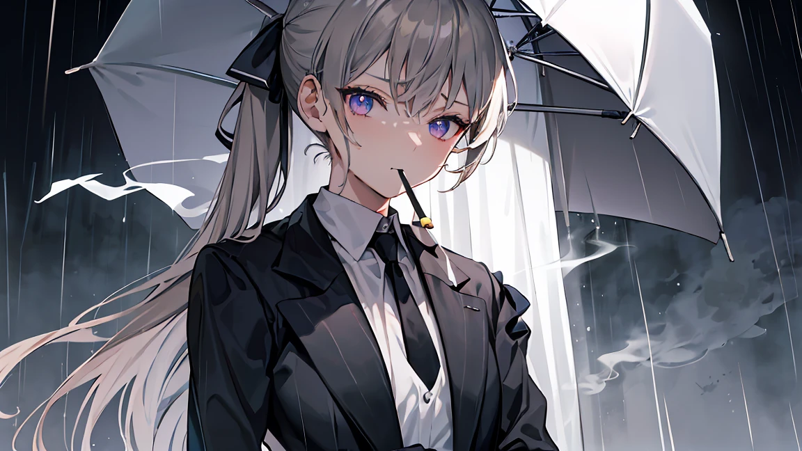 Dark grey and light brown hair、Long hair tied back、Looking down with a cold face、((Showing from the waist up))、Black suit draped over shoulders、Wearing a white shirt underneath、black tie、Blue-violet eyes、Rainy gray background、Open umbrella in hand。Beauty、Detailed picture、Detailed clothing、(((Hold a lit cigarette in your mouth)))、(((イケメン風のBeauty)))