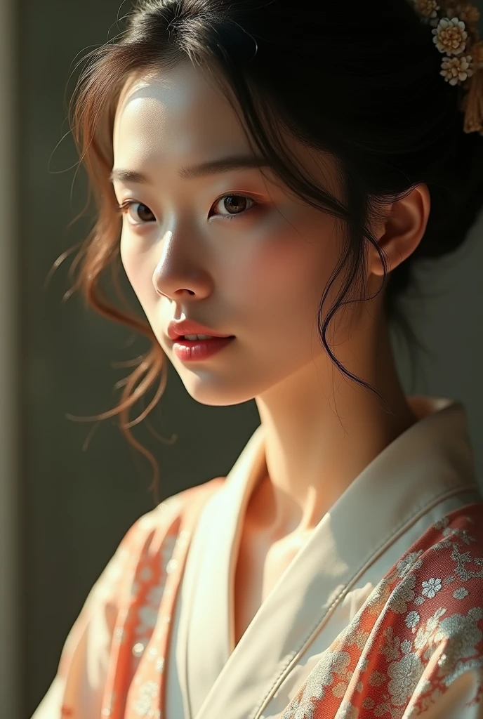An elegantly dressed Japanese woman in natural light、A close-up of her chest and calm expression.、It shows her inner peace and outer charm.。