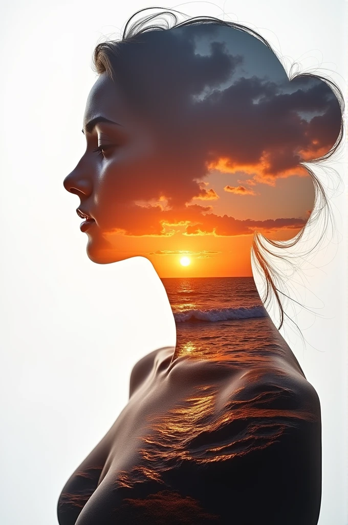 high qualiy, 8k Ultra HD, Uma linda Double exposure que combina uma silhueta de deusa com costa ao pôr do sol, the coast at sunset should serve as a backdrop, with its details incorporated into the goddess, Sharp lines, The background is monochromatic, sharp focus, Double exposure, By Yukisakura, stunning full colors.