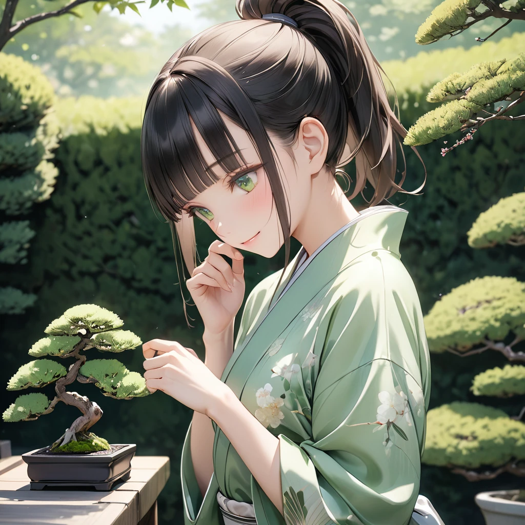 (masterpiece),(highest quality:1.2),((Perfect Anatomy)),(Perfect Fingers:1.3),(1 girl),(solo),((bonsai)),(small breasts),(beautiful silky black ponytail hair:1.2),blunt bangs,(From the side),(glancing sideways),beautiful and detailed green eyes,green yukata fashion,Disappointed,pastel tones,shy smile,in japanese garden,(dappled sunlight)