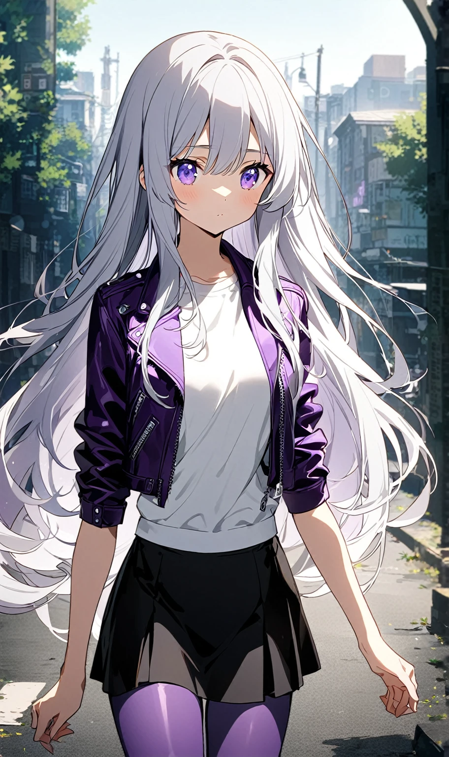 Girl with long white hair, black and purple leather jacket, White T-shirt, black skirt, under black and purple shorts, leggings, long silver hair, She has purple irises but lifeless, anime girl with long hair, perfect silver haired girl.