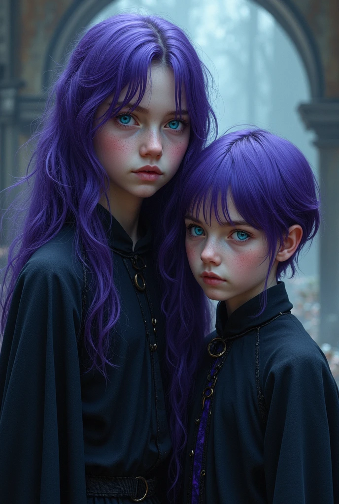 Seven years old aged, long haired boy, really short hair girl, siblings, with violet hair and blue eyes, greeks, Hecate devotees, dark magicians