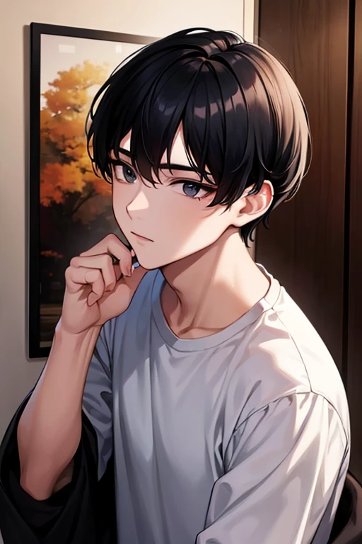 1 male, black eye, black hair, korean, Short hair, 8k, High quality, 18 years old, amazing, Model, handsome boy, amazing, artist,