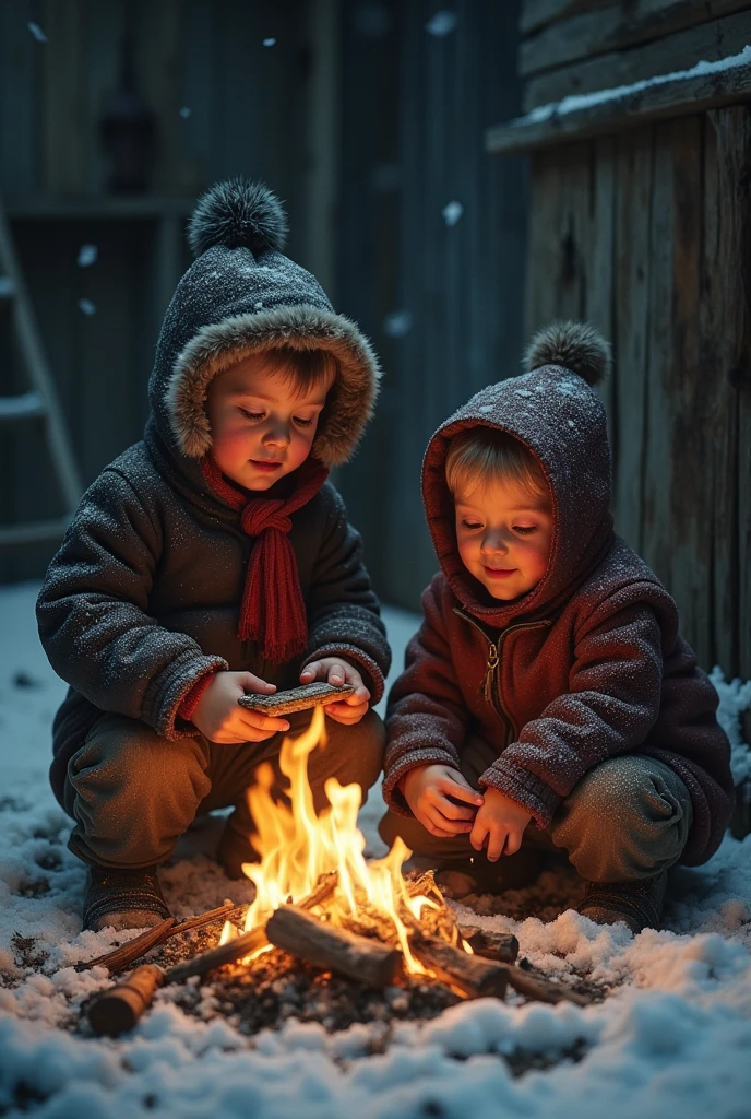 1920、Near Harbin Station、shivering from hunger and cold、plural White people、Children of the Po-Land、night、They are staving off the cold by burning firewood.、in house, night, fall snow, accurate, anatomically correct, textured skin, beautiful fingers super detail, high details, high quality, best quality,