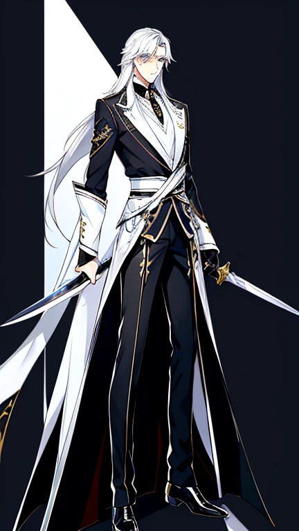 Handsome, solo, 1 male, long hair, white hair, yelow eye, wearing a black shirt, black and white suit, and black dress shoes, standing while holding a black sword.