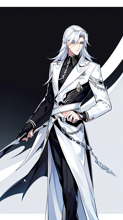 Handsome, solo, 1 male, long hair, white hair, yelow eye, wearing a black shirt, black and white suit, and black dress shoes, standing while holding a black sword.