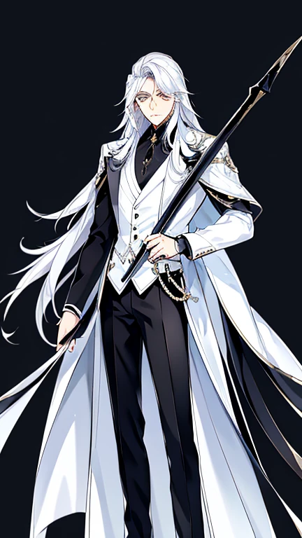 Handsome, solo, 1 male, long hair, white hair, yelow eye, wearing a black shirt, black and white suit, and black dress shoes, standing while holding a black sword.