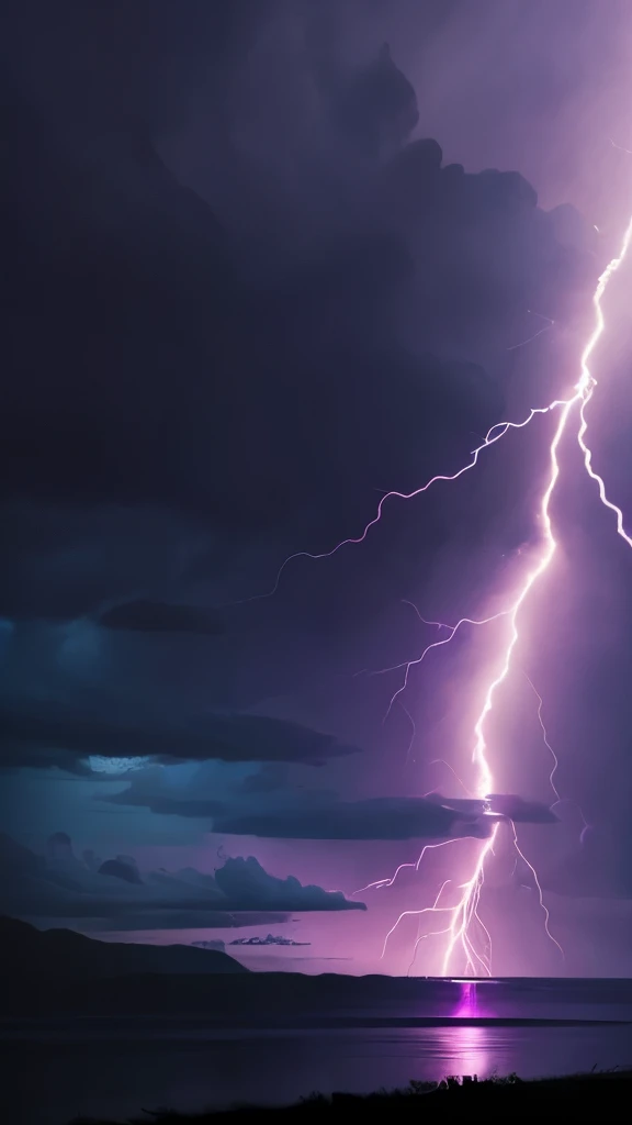 purple lightning streaks over a body of water under a cloudy sky, dramatic purple thunders, pink lightning, pink storm clouds, magenta lighting. fantasy, purple lightning, beautiful lightning, dramatic pink light, purple. ambient lightning, lightning clouds, beatifull lightning, amazing lightning, exquisite lightning, epic clouds and lighting, lightning storms, pink lighting, dramatic lightening