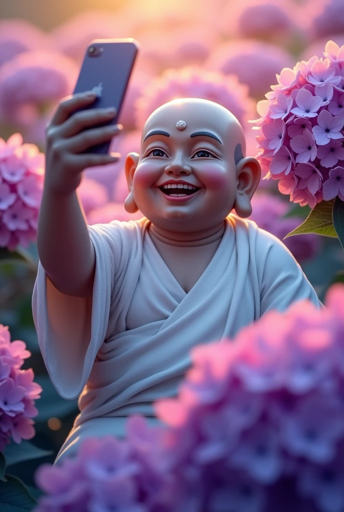 Buddha taking a selfie with purple hydrangeas in the background. He smiles happily with a wise and benevolent face. he is shining Take a selfie with your cell phone surrounded by rainbow-colored light. The Buddha is depicted as a kind-hearted Japanese man with a shaved head and a calm and cheerful expression. His captivating dark eyes convey deep wisdom and empathy, radiating warmth and understanding. He is wearing a white T-shirt and jeans. At the hydrangea field. Close-up, highly detailed, trending at the art station, sharp focus, studio shot, intricate details, Greg Rutkowski,