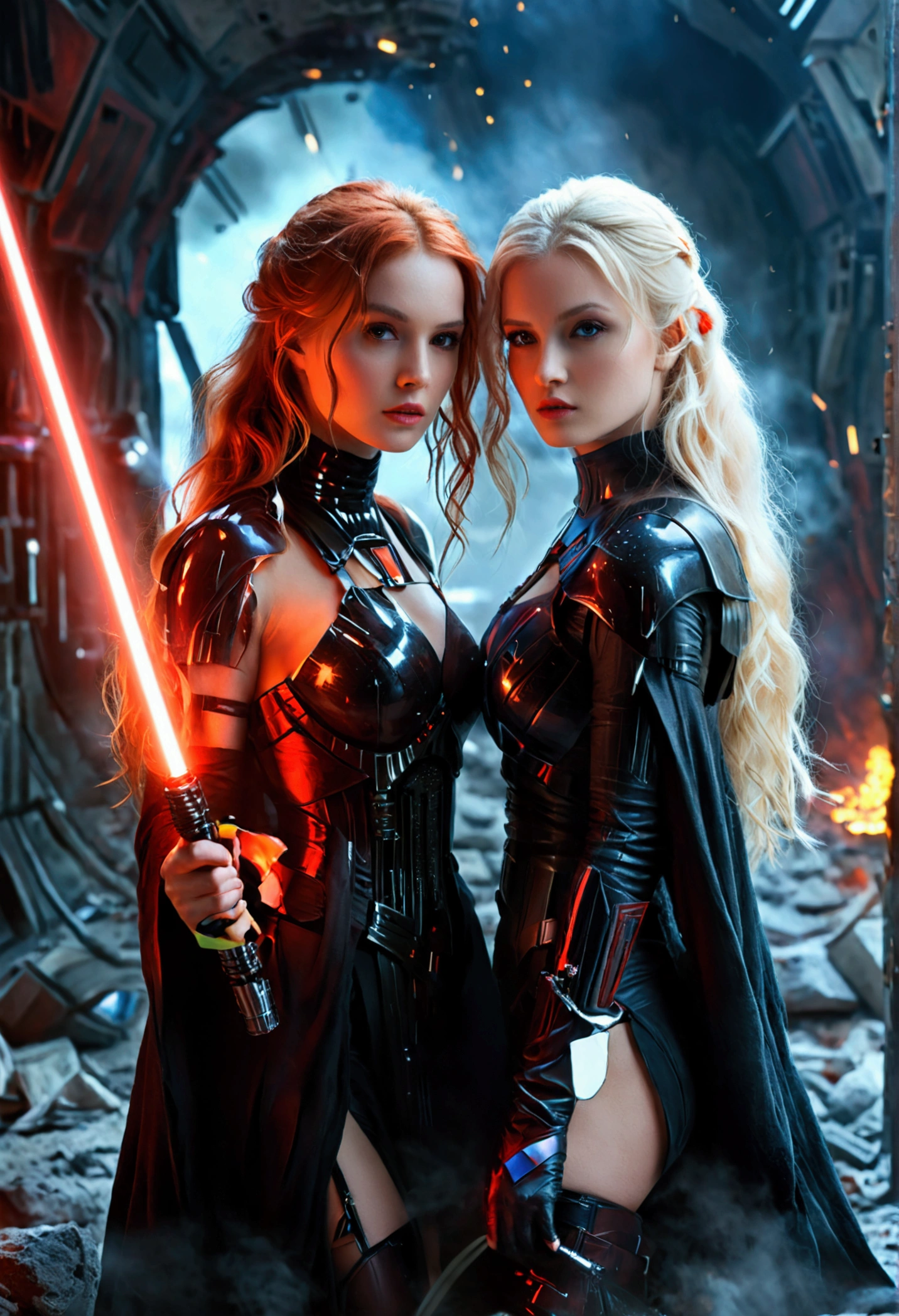(full body shot:1) photorealistic image of two (walking pose:1) women, ultrarealistic, photography, one with long red hair, woman, 24 years old, hourglass figure, perfect body, seductive look, natural medium breasts, blur background, in complete darkness, she is wearing a sith robe, she is holding a red lightsaber, the lightsaber is the only lightsource, on a dark destroyed spacestation, explosion in the background, long sexy legs, the other girl has platinum blonde long hair, 30 years old, curvy figure, she is wearing a sith robe and is also holding a red lightsaber in her hand, natural big breasts, they are walking towards the camera, dynamic shot, action shot