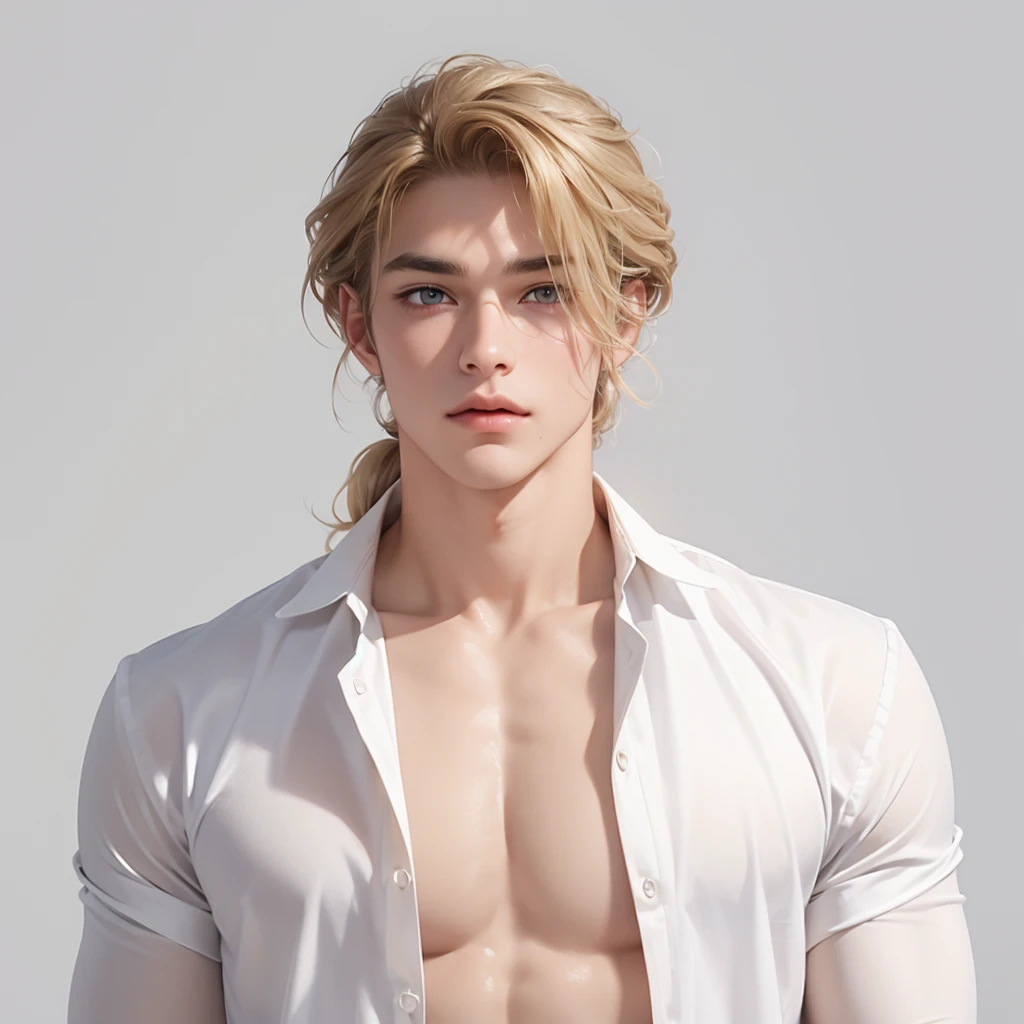 （No light and shadow environment：1.5），Soothing tones,Soft colors，A 23-year-old European and American model，（Shut up：1.5），（Hair sticking to scalp：1.5），Golden brown slightly curly shoulder-length hair，Ponytail hairstyle，Middle parting hairstyle，Edward Furlan，blond，With a melancholy expression，Blonde curly hair，male，White background，High Detail，male焦点，Abdominal muscles，Chest muscles，White shirt，Looking at the audience，