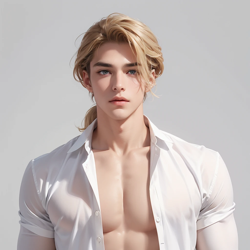 （No light and shadow environment：1.5），Soothing tones,Soft colors，A 23-year-old European and American model，（Shut up：1.5），（Hair sticking to scalp：1.5），Golden brown slightly curly shoulder-length hair，Ponytail hairstyle，Middle parting hairstyle，Edward Furlan，blond，With a melancholy expression，Blonde curly hair，male，White background，High Detail，male焦点，Abdominal muscles，Chest muscles，White shirt，Looking at the audience，
