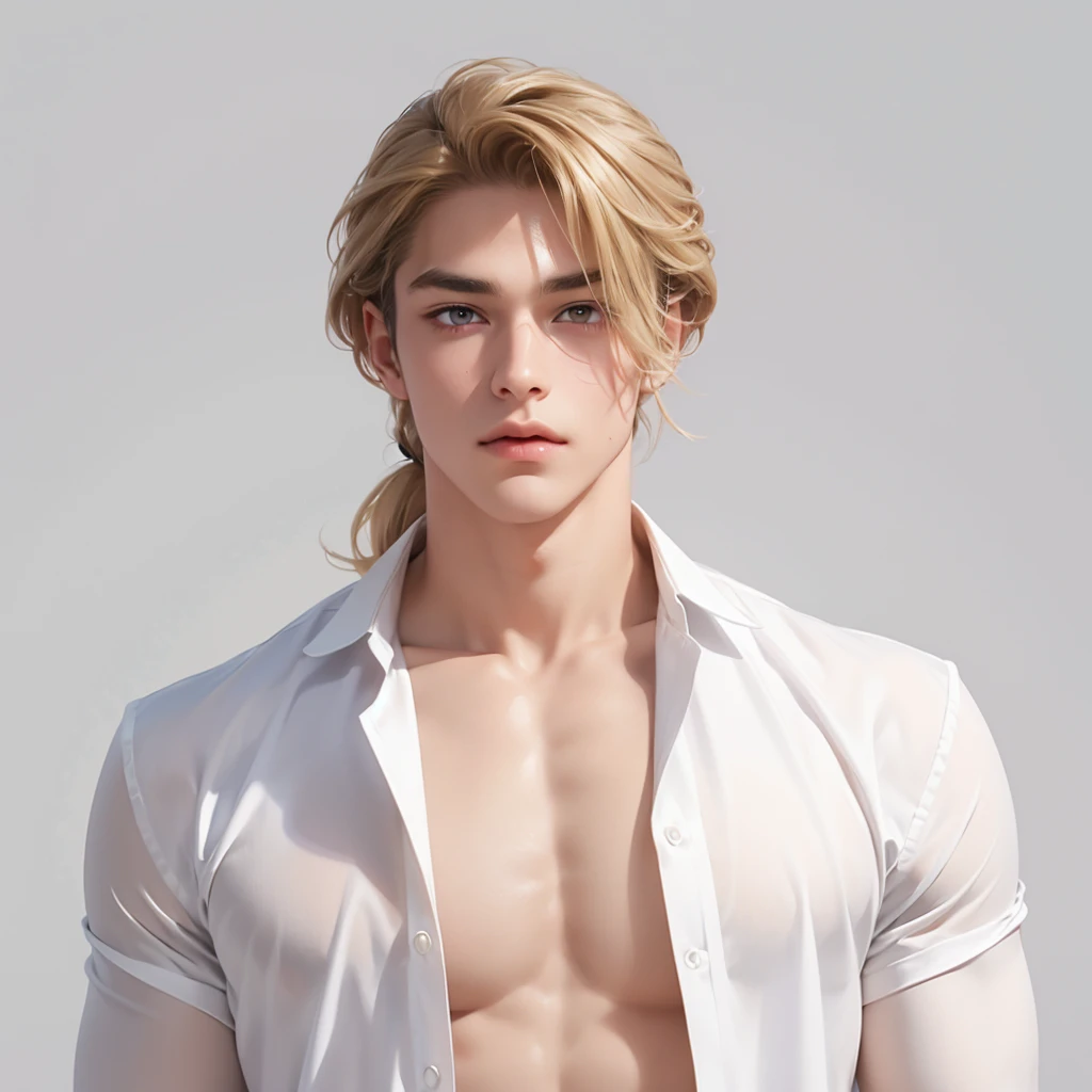 (No light and shadow environment:1.5),Soothing tones,Soft colors,A 23-year-old European and American model,(Shut up:1.5),(Hair sticking to scalp:1.5),Golden brown slightly curly shoulder-length hair,Ponytail hairstyle,Middle parting hairstyle,Edward Furlan,blond,With a melancholy expression,Blonde curly hair,male,White background,High Detail,male焦点,Abdominal muscles,Chest muscles,White shirt,Looking at the audience,