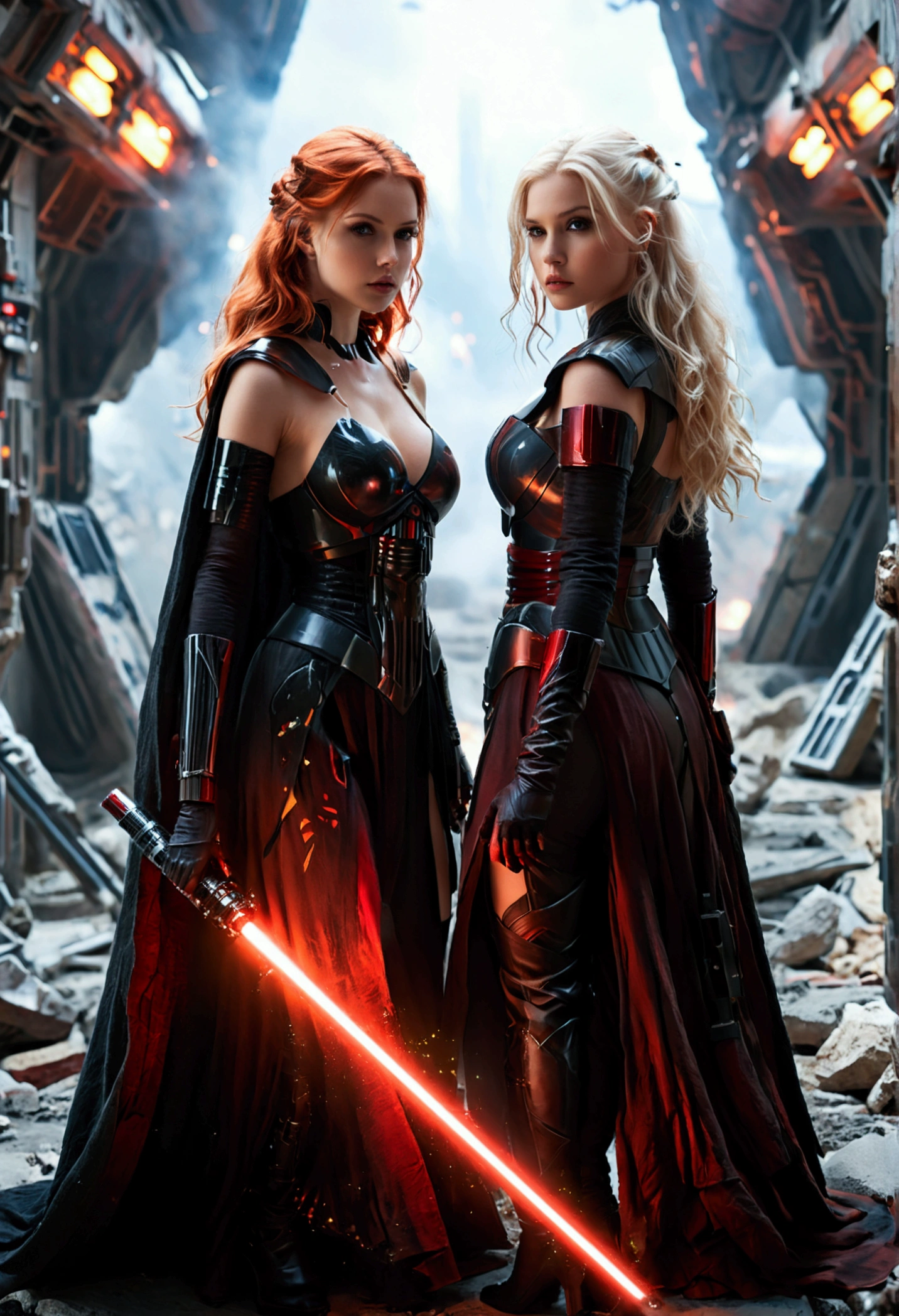 (full body shot:1) photorealistic image of two (walking pose:1) women, ultrarealistic, photography, one with long red hair, woman, 24 years old, hourglass figure, perfect body, seductive look, natural medium breasts, blur background, in complete darkness, she is wearing a sith robe, she is holding a red lightsaber, the lightsaber is the only lightsource, on a dark destroyed spacestation, explosion in the background, long sexy legs, the other girl has platinum blonde long hair, 30 years old, curvy figure, she is wearing a sith robe and is also holding a red lightsaber in her hand, natural big breasts, they are walking towards the camera, dynamic shot, action shot