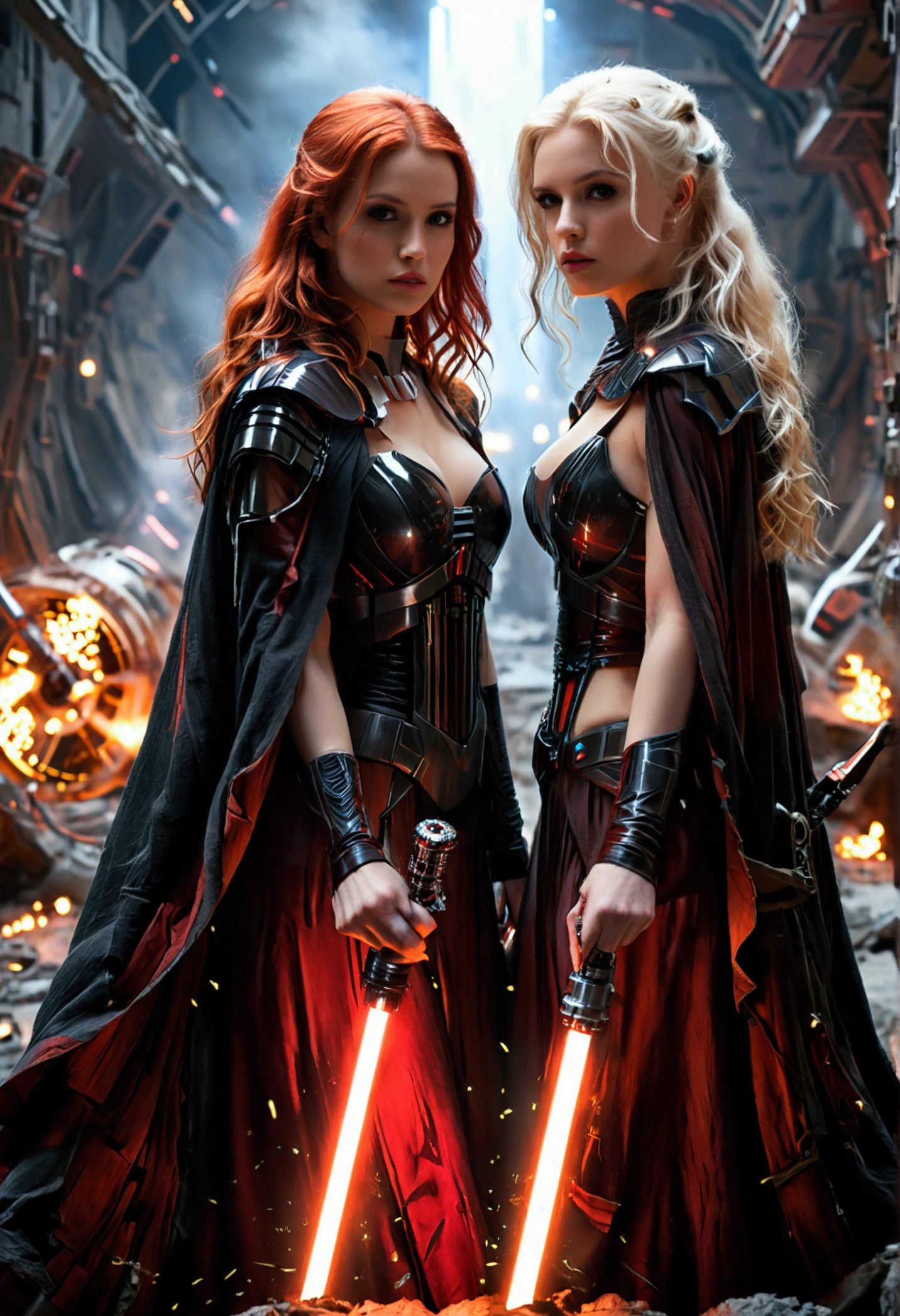 (full body shot:1) photorealistic image of two (walking pose:1) women, ultrarealistic, photography, one with long red hair, woman, 24 years old, hourglass figure, perfect body, seductive look, natural medium breasts, blur background, in complete darkness, she is wearing a sith robe, she is holding a red lightsaber, the lightsaber is the only lightsource, on a dark destroyed spacestation, explosion in the background, long sexy legs, the other girl has platinum blonde long hair, 30 years old, curvy figure, she is wearing a sith robe and is also holding a red lightsaber in her hand, natural big breasts, they are walking towards the camera, dynamic shot, action shot