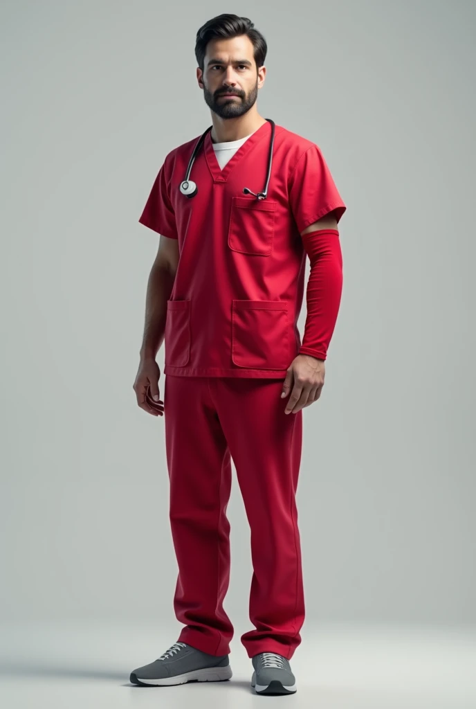 Doctor in red scrubs wearing grey shoes and red arm guard sleeve