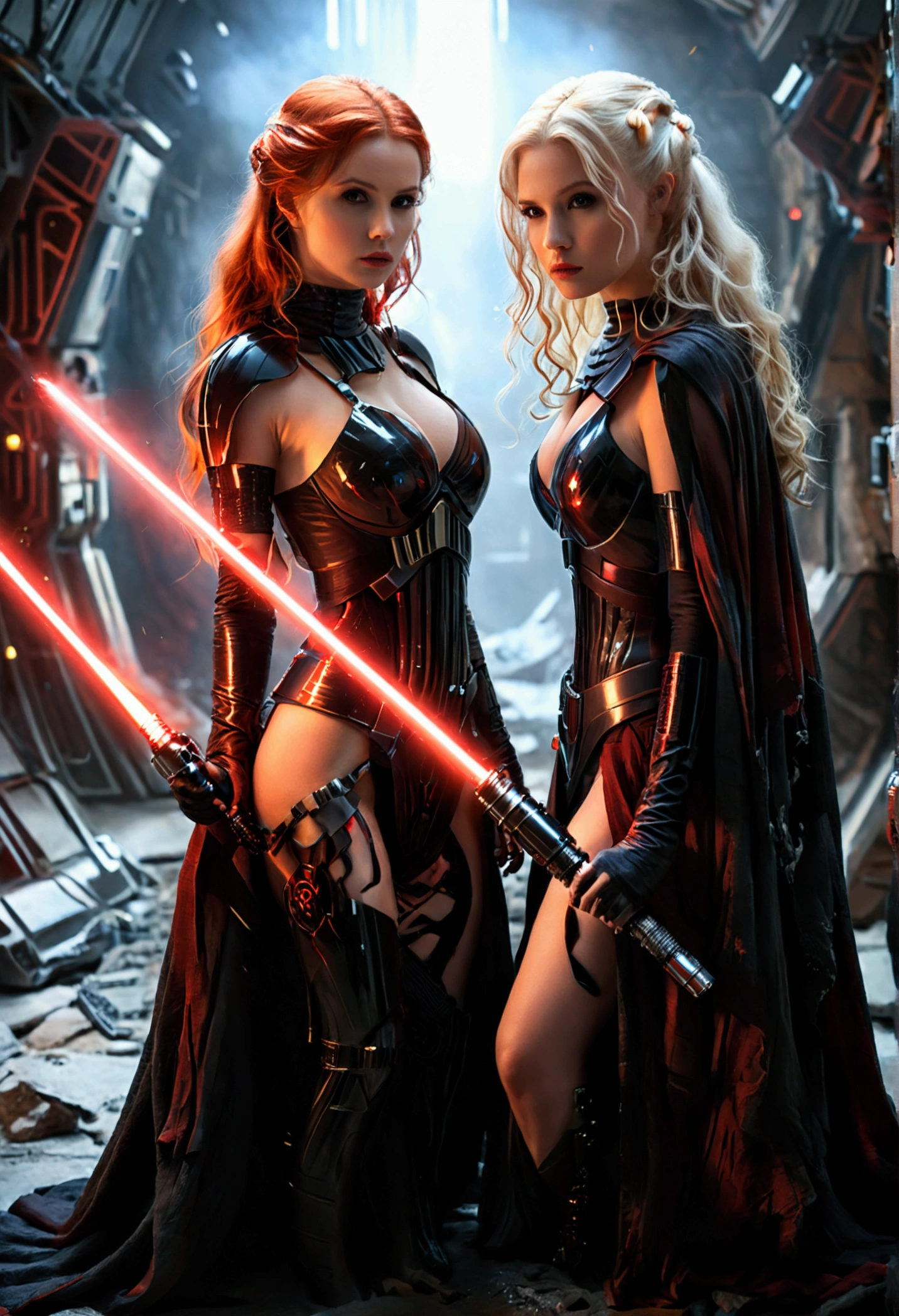 (full body shot:1) photorealistic image of two (walking pose:1) women, ultrarealistic, photography, one with long red hair, woman, 24 years old, hourglass figure, perfect body, seductive look, natural medium breasts, blur background, in complete darkness, she is wearing a sith robe, she is holding a red lightsaber, the lightsaber is the only lightsource, on a dark destroyed spacestation, explosion in the background, long sexy legs, the other girl has platinum blonde long hair, 30 years old, curvy figure, she is wearing a sith robe and is also holding a red lightsaber in her hand, natural big breasts, they are walking towards the camera, dynamic shot, action shot