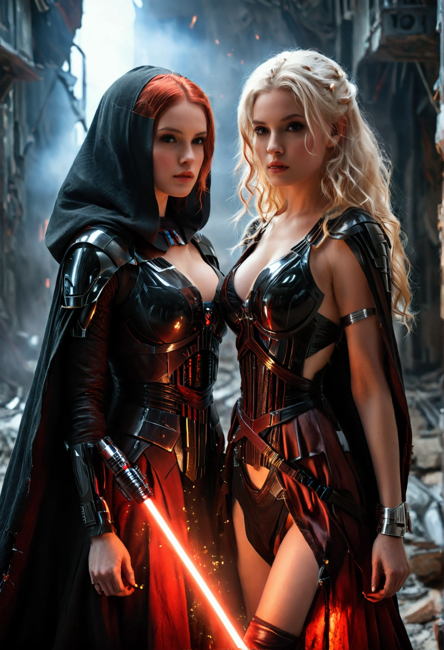 (full body shot:1) photorealistic image of two (walking pose:1) women, ultrarealistic, photography, one with long red hair, woman, 24 years old, hourglass figure, perfect body, seductive look, natural medium breasts, blur background, in complete darkness, she is wearing a sith robe, she is holding a red lightsaber, the lightsaber is the only lightsource, on a dark destroyed spacestation, explosion in the background, long sexy legs, the other girl has platinum blonde long hair, 30 years old, curvy figure, she is wearing a sith robe and is also holding a red lightsaber in her hand, natural big breasts, they are walking towards the camera, dynamic shot, action shot