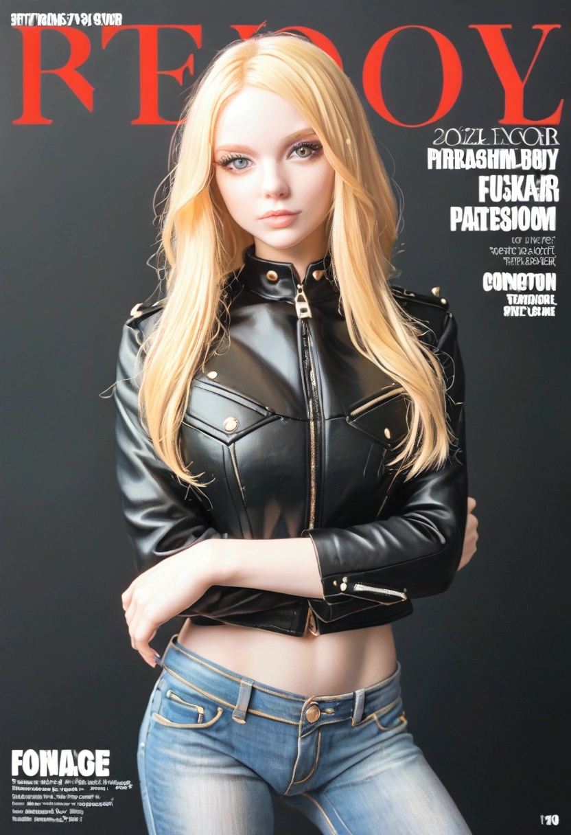 Magazine cover,Blonde long hair doll(Wearing Black Leather Jacket),Small jeans,(White skin),E7E48U