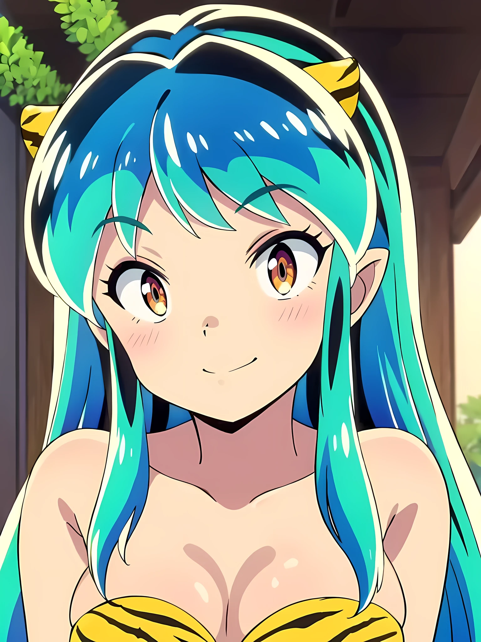 masterpiece, Highest quality, 1 Girl, Lum、Tiger print bikini, High definition, Face close-up, smile, blush, 18-year-old, looking down, come to stand at attention, view from front, Greenish silver hair, From before, EdobUruseiYatsura, anime