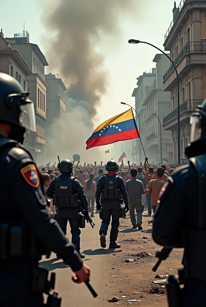 A City in Civil War Police s, against civilians, Venezuela flag horizontal view 