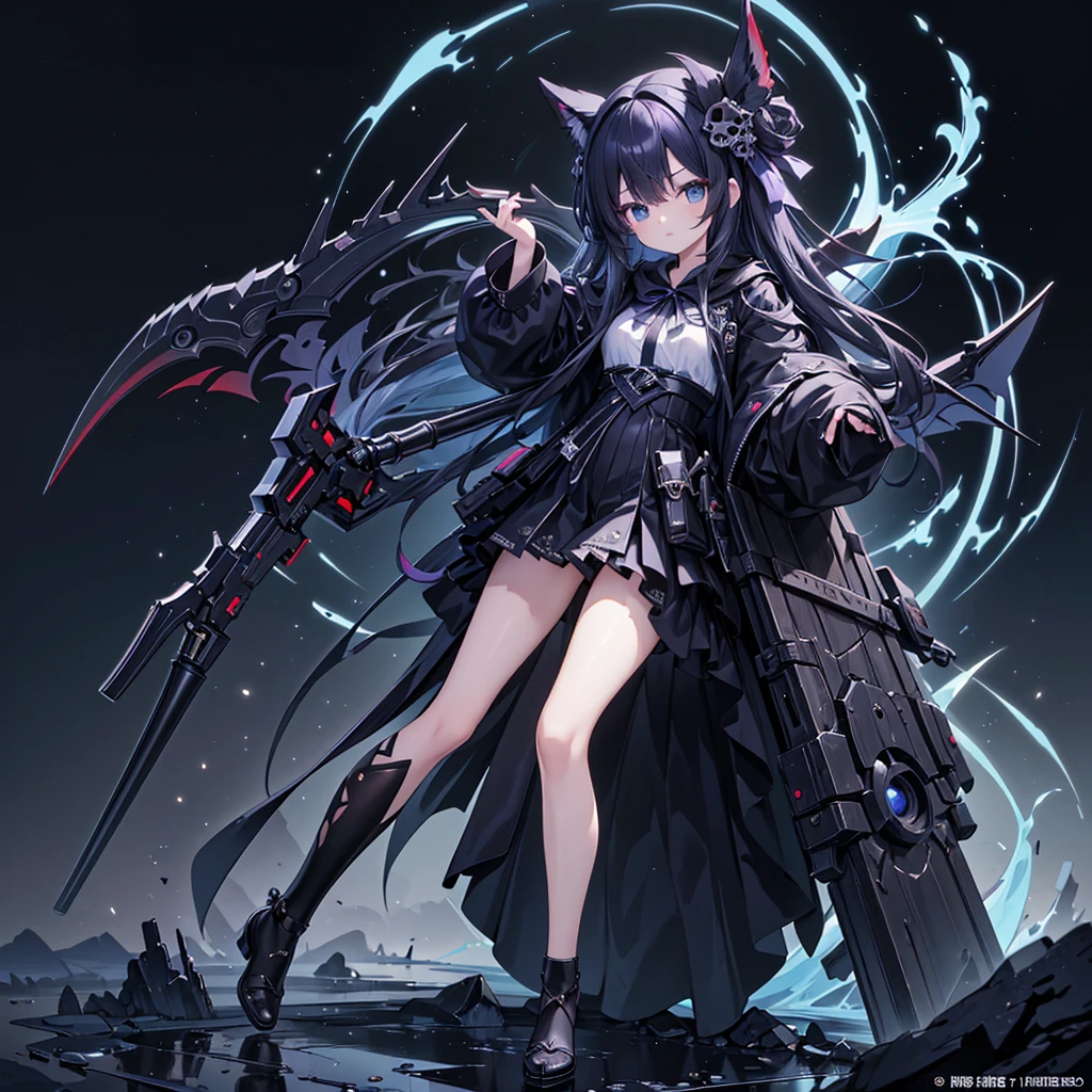 1girl,(((Highest quality、Masterpiece、Official Art、The best dynamic composition、Super detailed)))、Anime Style、Perfect physique、The coolest pose、Cute Grim Reaper、Death&#39;s scythe is red and black、Detailed engraving、Black hooded cloak、Super huge、detailed、In the middle of swinging down a scythe with both hands、