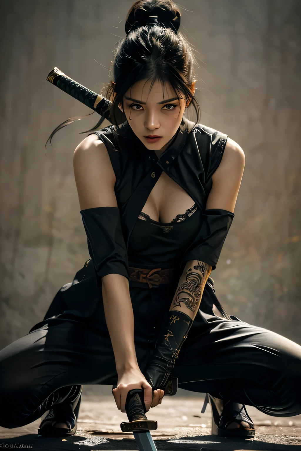 1 woman,alone,holding a weapon,katana,