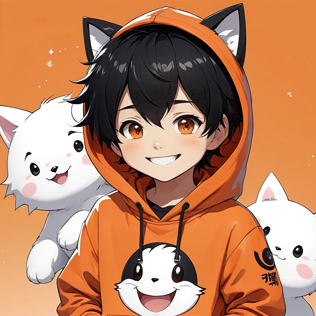 Cute little boy、anime、mascot、Orange hoodie、The background is simple white、Black Hair、Upper body from the waist up
、smile