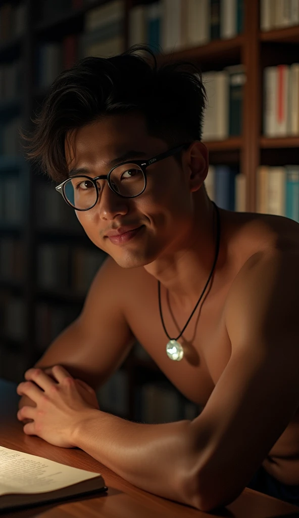 nsfw, best quality, masterpiece, extremely detailed, masculine, sexy, homoerotic, 25 year old bruneian malay man, wearing glasses, round face with chubby cheeks, athletic muscular build, cheeky smile, fitted clothes, glowing quartz crystal pendant, bends forward and elbows on a table, in library, side view, afterhours, lights off, at midnight, cinematic shadows, dreamy atmosphere, perfect face, perfect hands, perfection