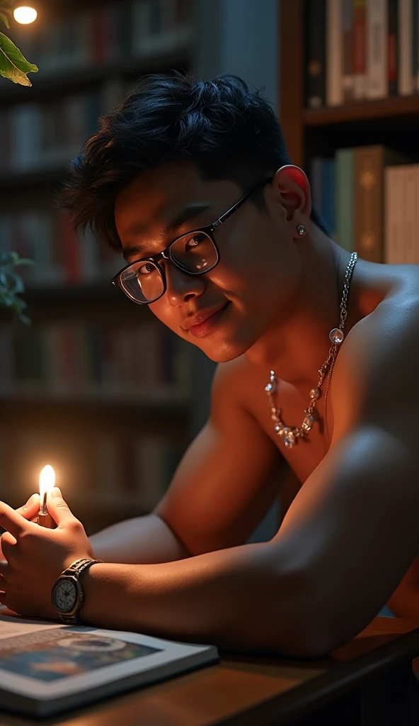 nsfw, best quality, masterpiece, extremely detailed, masculine, sexy, homoerotic, 25 year old bruneian malay man, wearing glasses, round face with chubby cheeks, athletic muscular build, cheeky smile, fitted clothes, glowing quartz crystal pendant, bends forward and elbows on a table, in library, side view, afterhours, lights off, at midnight, cinematic shadows, dreamy atmosphere, perfect face, perfect hands, perfection