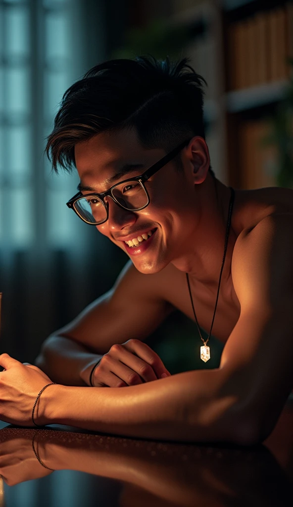 nsfw, best quality, masterpiece, extremely detailed, masculine, sexy, homoerotic, 25 year old bruneian malay man, wearing glasses, round face with chubby cheeks, athletic muscular build, cheeky smile, fitted clothes, glowing quartz crystal pendant, bends forward and elbows on a table, in library, side view, afterhours, lights off, at midnight, cinematic shadows, dreamy atmosphere, perfect face, perfect hands, perfection