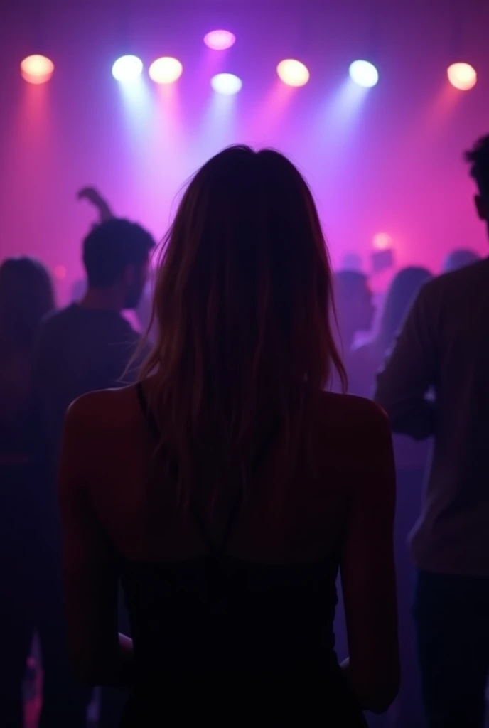 Create an image of someone who is at a party but that person is alone and the party can be seen in the background, put a dark background, so that only the person's back can be seen and the person is watching others having fun in the room. party, that the party has purple and pink lights, that no one's face can be seen at the party and it looks a little blurry