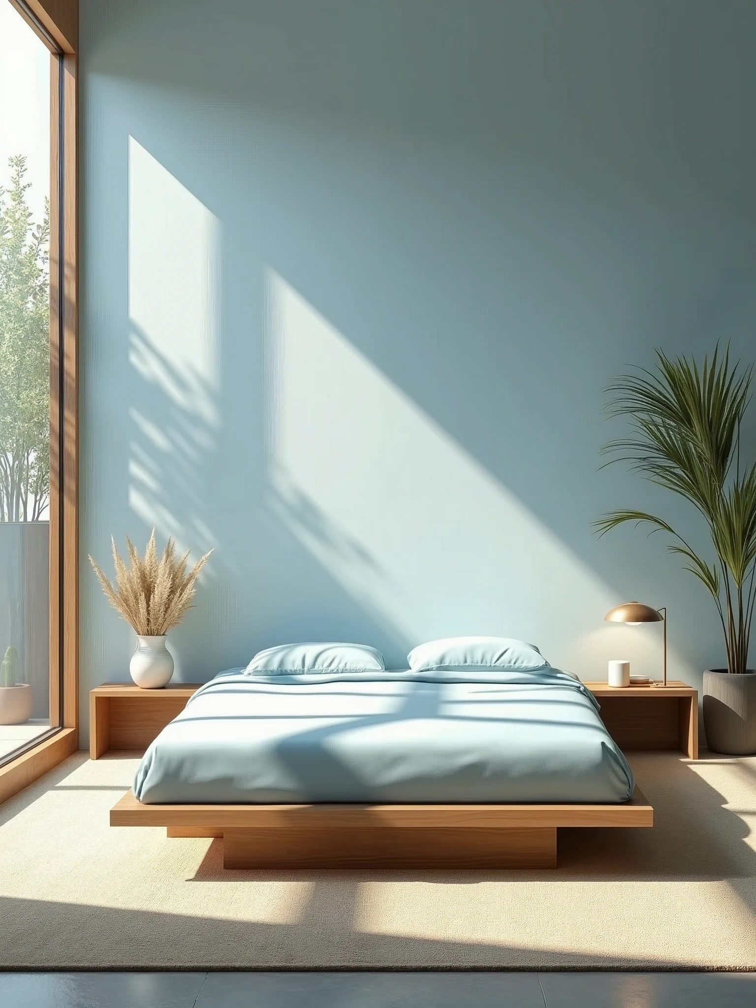 Generate a bedroom elevation,There is only a fitted sheet on the bed frame, no quilt. ,There is a window behind the bed,The window is the courtyard scenery,The overall hue is blue,There are two bedside tables on the left and right of the bed.,There are things on the bedside table.,Beige carpet under the bed