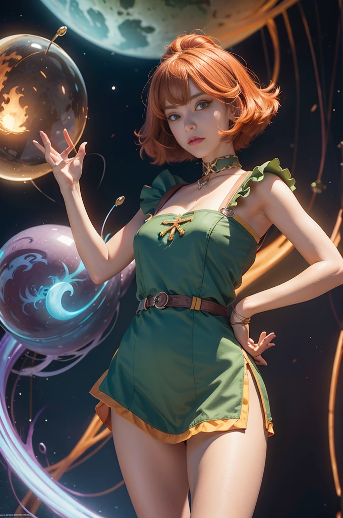 concept art, overhead angle of a Will-o'-the-wisp, wearing Funny Somali Emerald deep orange Pinafore, Caramel hair styled as Short hair, fluorescent purple Hair tie, equirectangular 360, Highres,  [(art by Willi Baumeister:1.1), (art by John T. Biggers:1.2)::17], official art, unity 8k wallpaper, ultra detailed, aesthetic, masterpiece, best quality, photorealistic