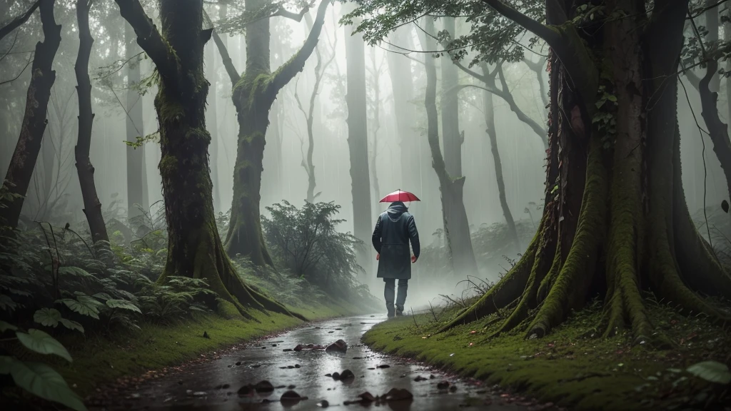 In a forest In a stormy rainy weather one man under tree approaching a wounded bird that could not fly under a sunny flash light shining under the tree