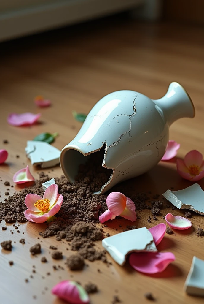 Broken vase with pieces of the vase, flowers and dirt scattered on the floor