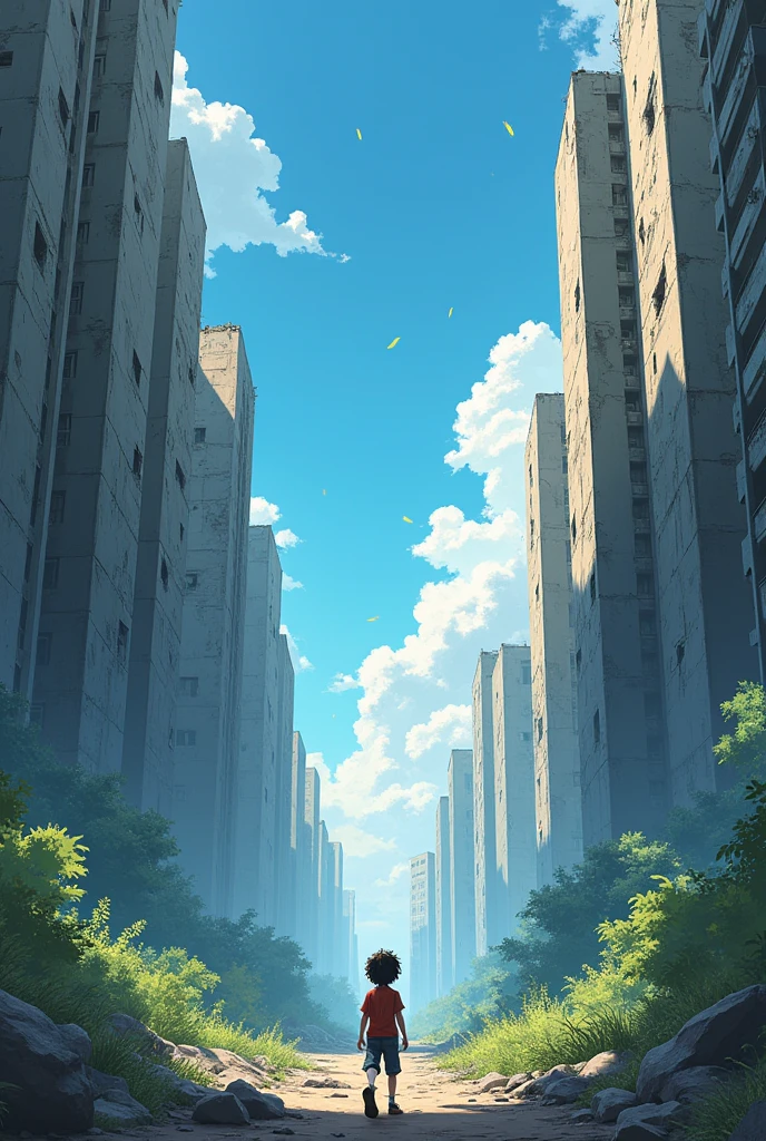 post apocalypse, Cool summer, A little explorer alone there, Destroyed high-rise buildings , In anime style