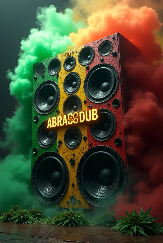 Giant speaker with several speakers colored in the colors of Jamaica, with smoke coming out with marijuana leaves written ABRACADUB 