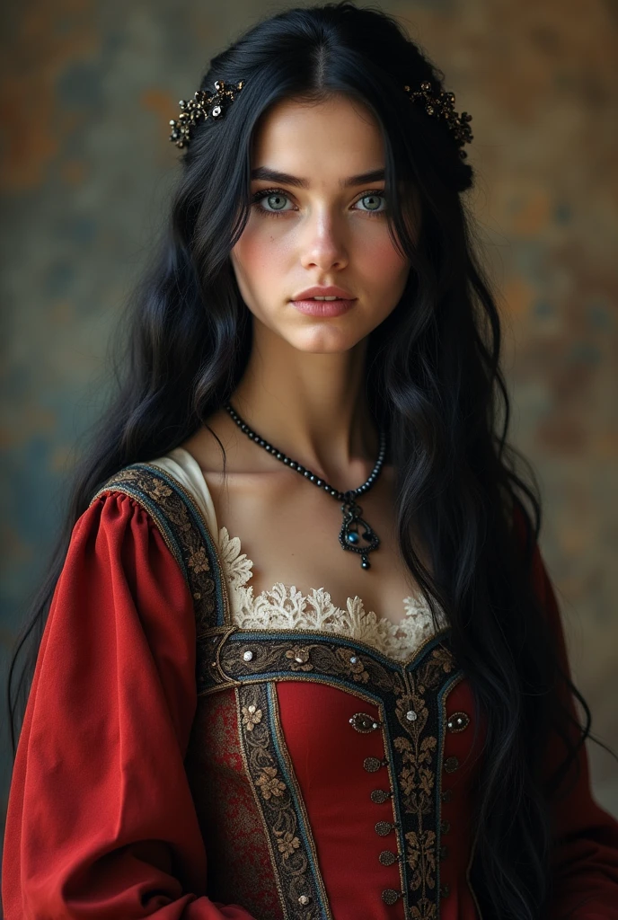 Girl with long hair, black in color, blue colored eyes. With much bigger breasts, slim with hips and ass, no belly. Dressed as a princess from the Middle Ages, with her hair somewhat gathered and with a promising neckline, the full-length dress and NSFLW