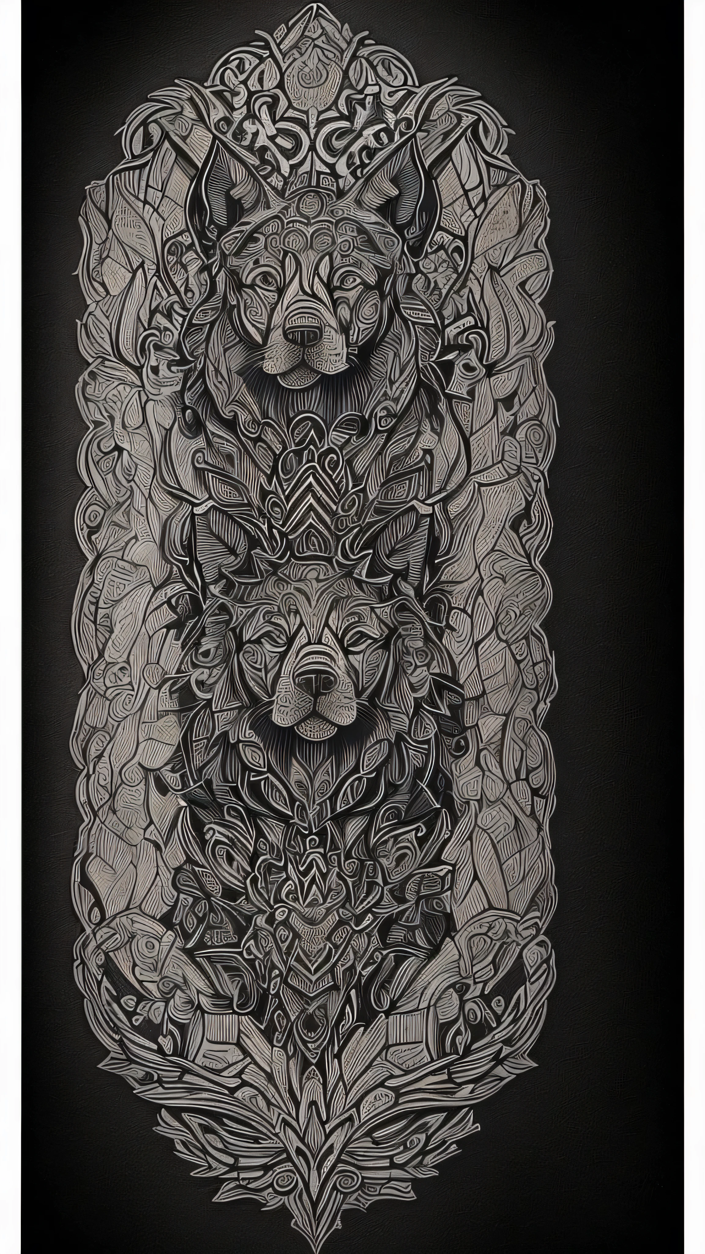 A dog in the style of a tattoo, detailed fine ink lines, intricate patterns, tribal design, dynamic pose, high contrast black and white, dramatic shadows, grungy texture, tattoo shop, dark moody lighting