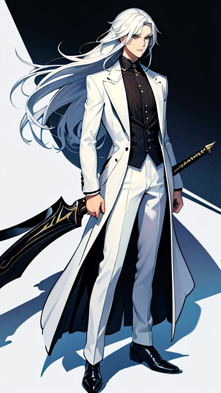 Handsome, solo, 1 male, long hair, white hair, yelow eye, wearing a black shirt, black and white suit, and black dress shoes, standing while holding a black sword.