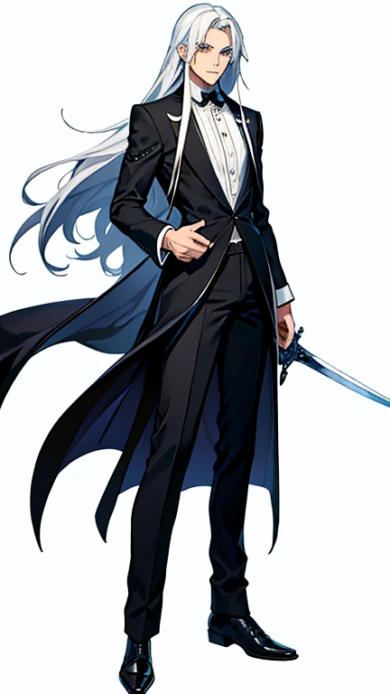 Handsome, solo, 1 male, long hair, white hair, yelow eye, wearing a black shirt, black and white suit, and black dress shoes, standing while holding a black sword.