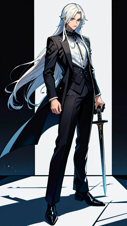 Handsome, solo, 1 male, long hair, white hair, yelow eye, wearing a black shirt, black and white suit, and black dress shoes, standing while holding a black sword.